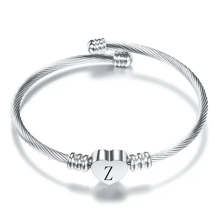 Women A-Z Initial Letter Love Heart Alphabet Name Cuff Bracelets - Moroveta