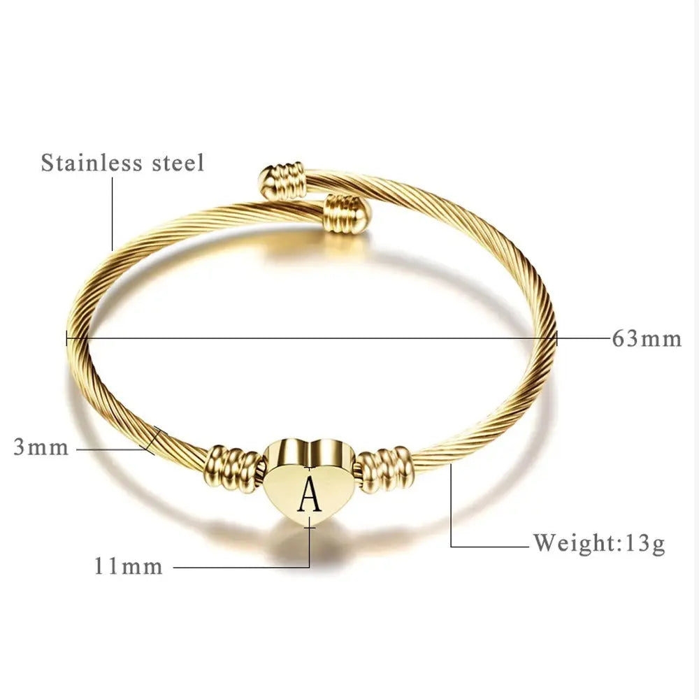 Women A-Z Initial Letter Love Heart Alphabet Name Cuff Bracelets - Moroveta