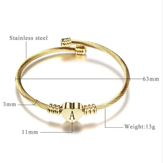 Women A-Z Initial Letter Love Heart Alphabet Name Cuff Bracelets - Moroveta