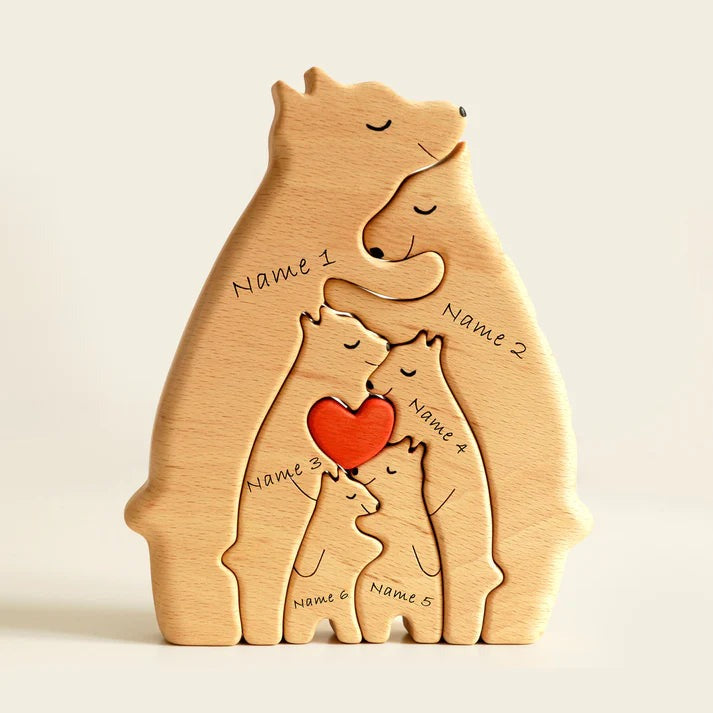 Un rompecabezas personalizable de la familia de osos de madera en forma de corazón.